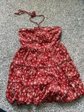 Francesca's Collections Red Floral Tiered Halter Mini Dress